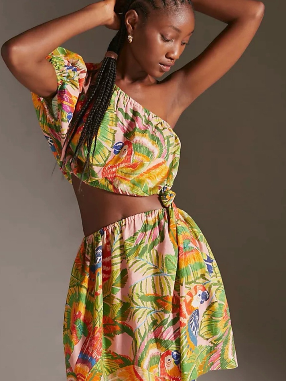 EUC FarmRio Tropical One-Shoulder Crop Dress - Multi